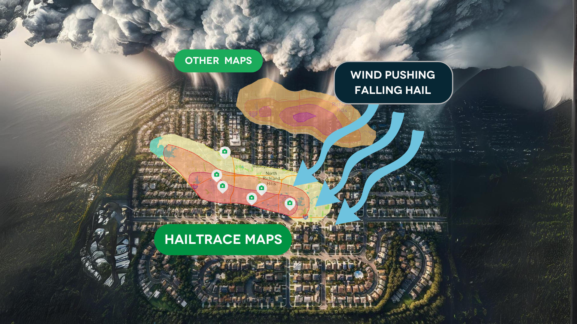 An image showing finding the Hail Reports for Today is more accurate with HailTrace because HailTrace compensates for wind pushing hail. Other hail reports and hail maps show hail hitting the wrong neighborhood 