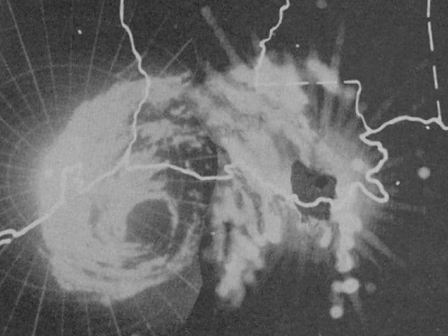 Radar mosaic of MPS-7 23-cm weather radars from Ellington Air Force Base in Houston TX, England Air Force Base in Alexandria, LA, and Houma, LA at 6 AM CST on June 27, 1957. (Imagery courtesy of Texas A&M; Accessed through NOAA).