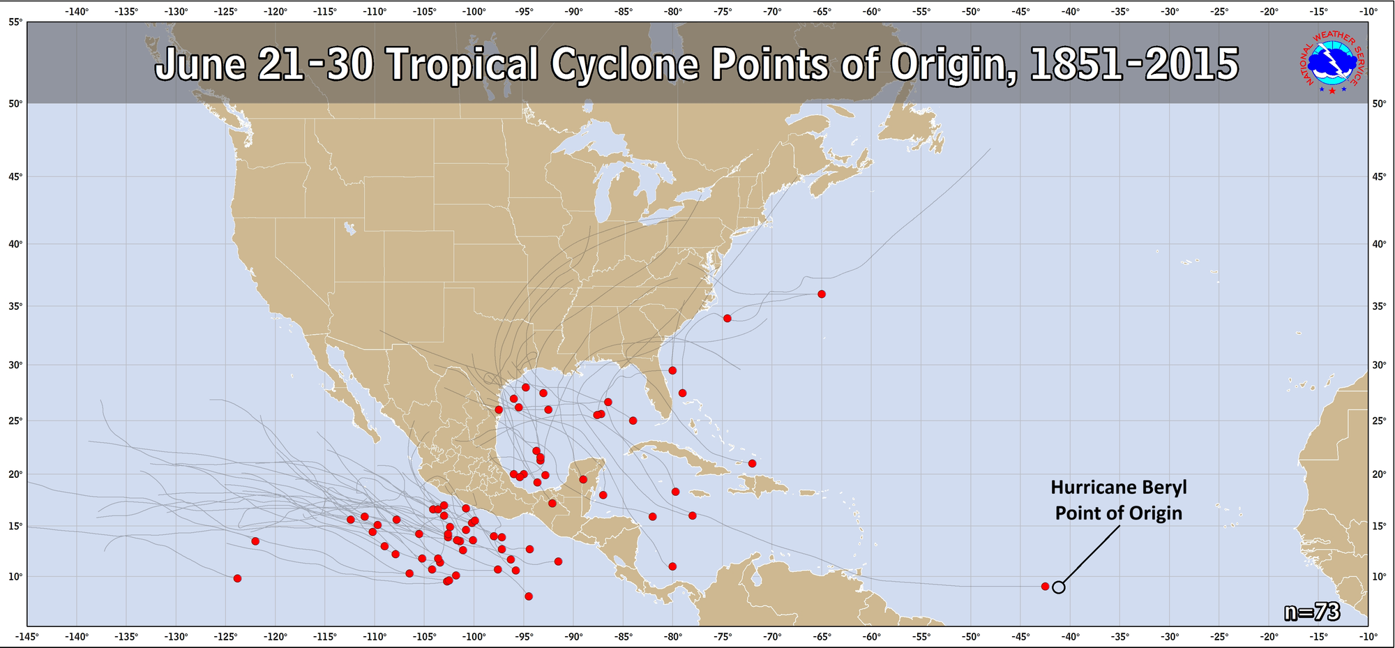 Points of origin for late June tropical cyclones between 1851 and 2015 (Image courtesy of NOAA).