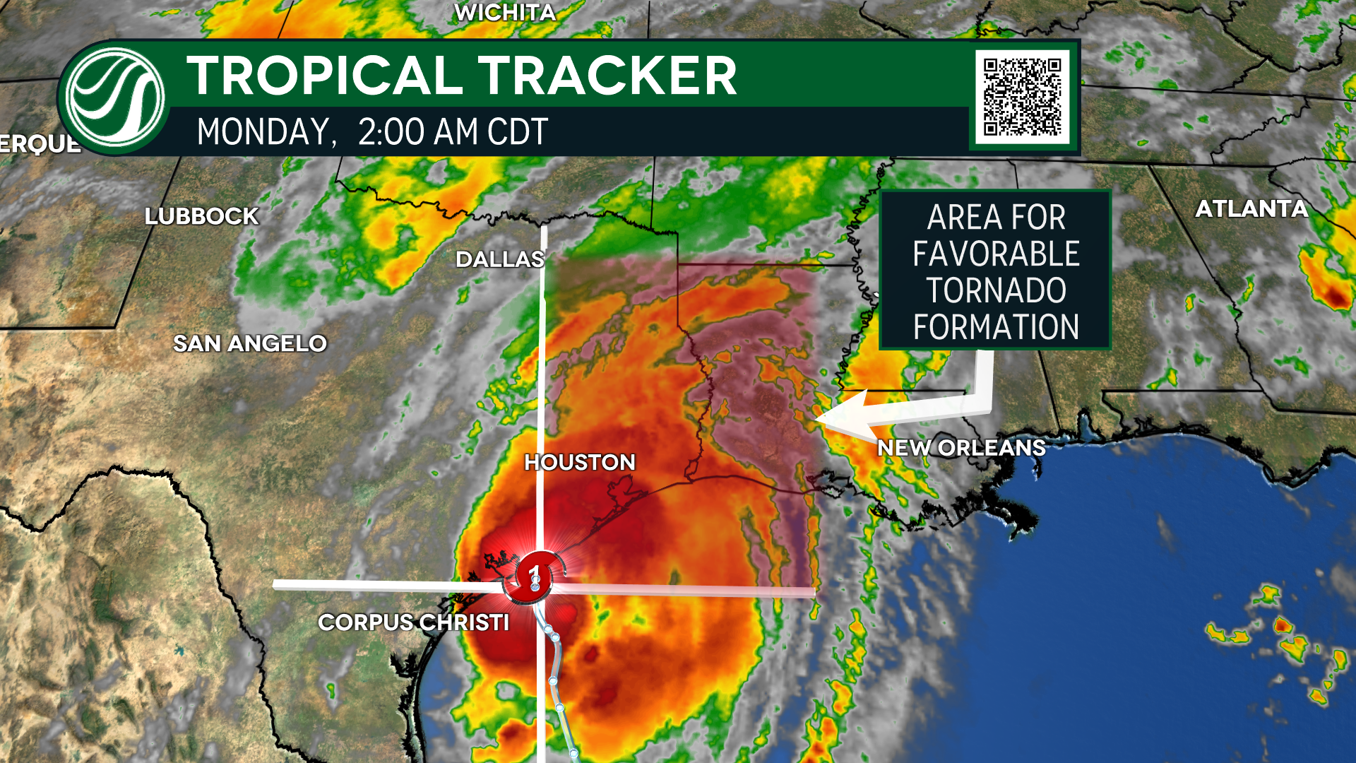 Hurricane Beryl 2 hours before landfall. The northeast quadrant is most favorable for tornado formation. 