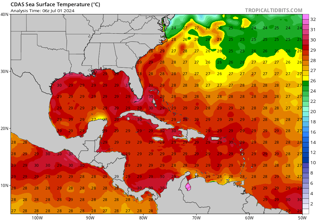 Sea Surface Temperatures in the western Atlantic Ocean at 1 AM EDT on July 1st (Image courtesy of Tropical Tidbits)