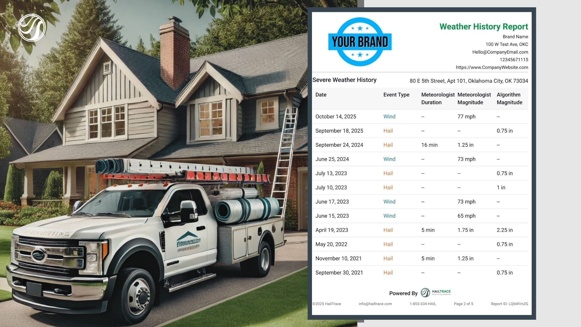Roofer's truck with a branded weather history report