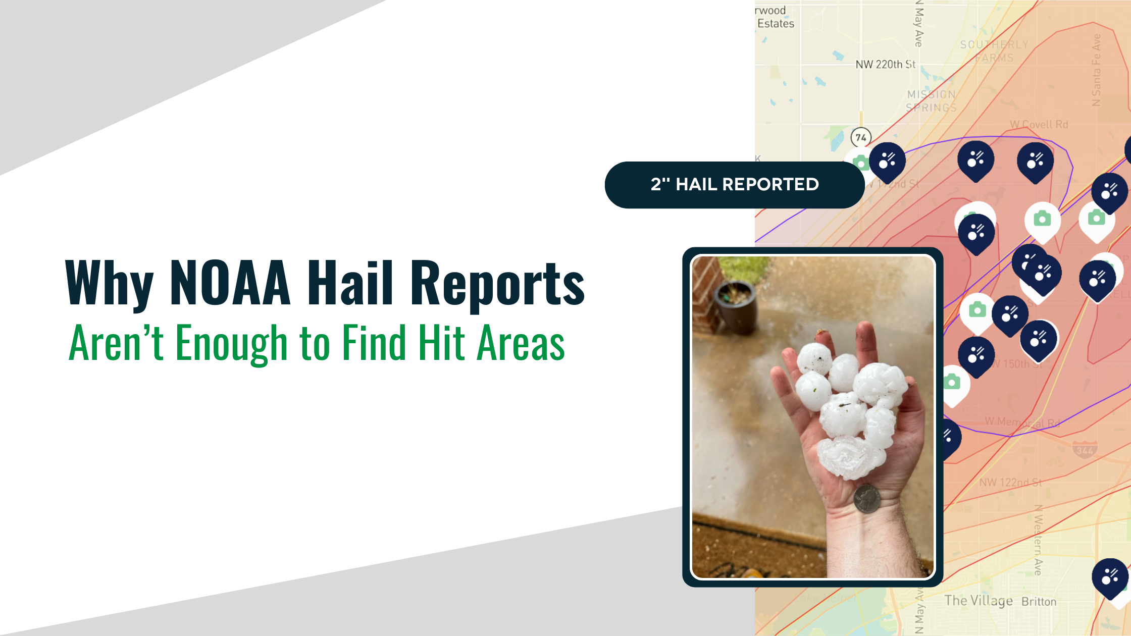 Image Showing title of the Blog: NOAA Hail Reports for Today Aren't enough to find hit areas. Includes icons of today's hail 