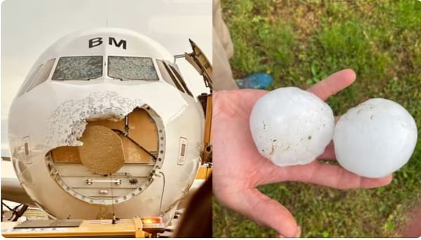 During a hail storm, hail broke off part of the nose of the Austrian Airlines aircraft in Vienna June 9th, 2024. 