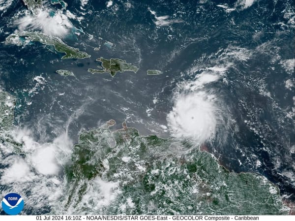 Hurricane Beryl just after 12:00 PM EDT on July 1st, 2024 (Image courtesy of NOAA).